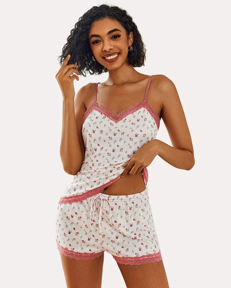 Floral Cami Pajama Set Lace Trim Short PJ Set with Shorts