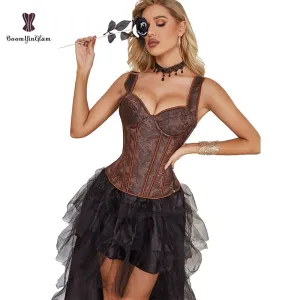 Plus Size Korset Women Brown Steam Punk Style Strap Corset Bustier With Side Zip Body Shapewear Suit