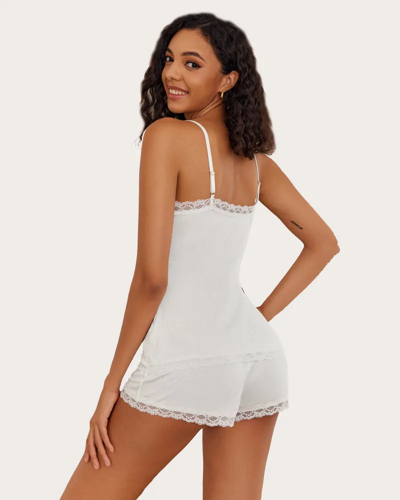 White Edge Lace Trim Short PJ Set with Shorts